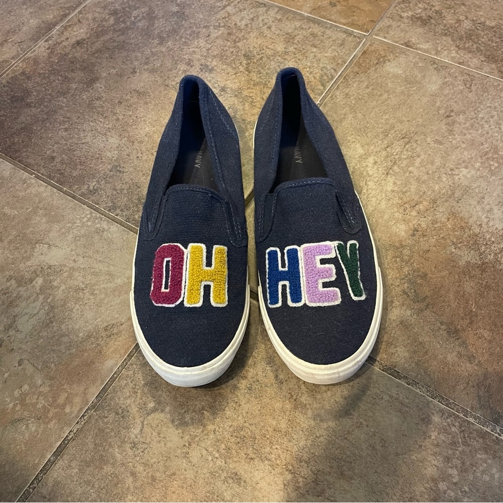 Oh Hey chenille patch navy slip on shoes, Old Navy women’s 10